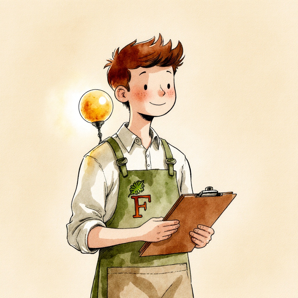 Aquarell eines jungen Ladengehilfen im grünen Schurz mit „F“-Signet, ein Klemmbrett im Arm; über seiner Schulter schwebt eine leuchtend honiggelbe Kugel — seine KI-Chefin.
